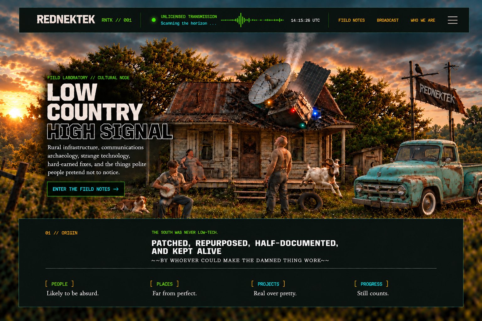 Illustration: a weathered Southern farmhouse rigged with a satellite dish and solar panel, a banjo player and family on the porch, goats, and a rusted pickup under a REDNEKTEK sign